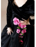 Black Velvet Tulle Floor Length Flower Girl Dress With 3D Flowers